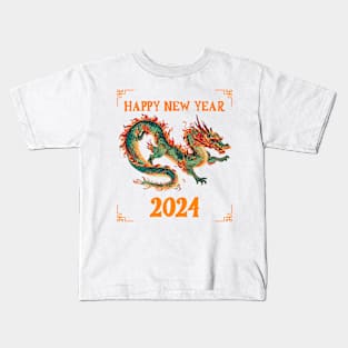 Fantasy Dragon: Happy New Year 2024 in Green, Orange, Red & Yellow! Kids T-Shirt